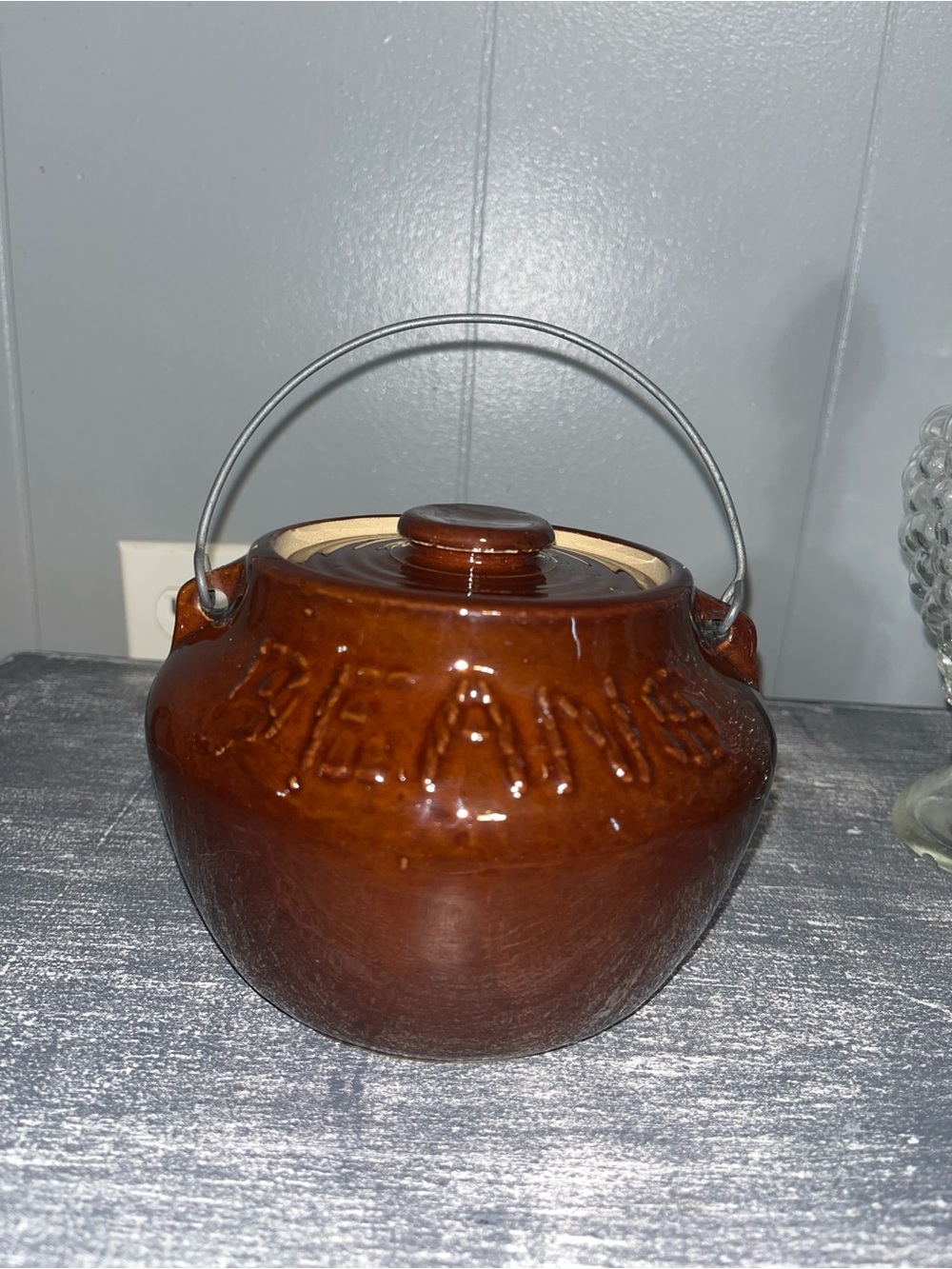 Brown Bean Pot Ceramic Jar with Lid and Handle